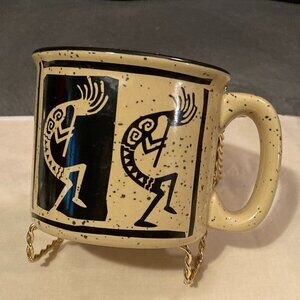 VTG Kokopelli LG Ceramic Stoneware Coffee/Soup Mug-Tan/Cream w/Black Accents-EUC